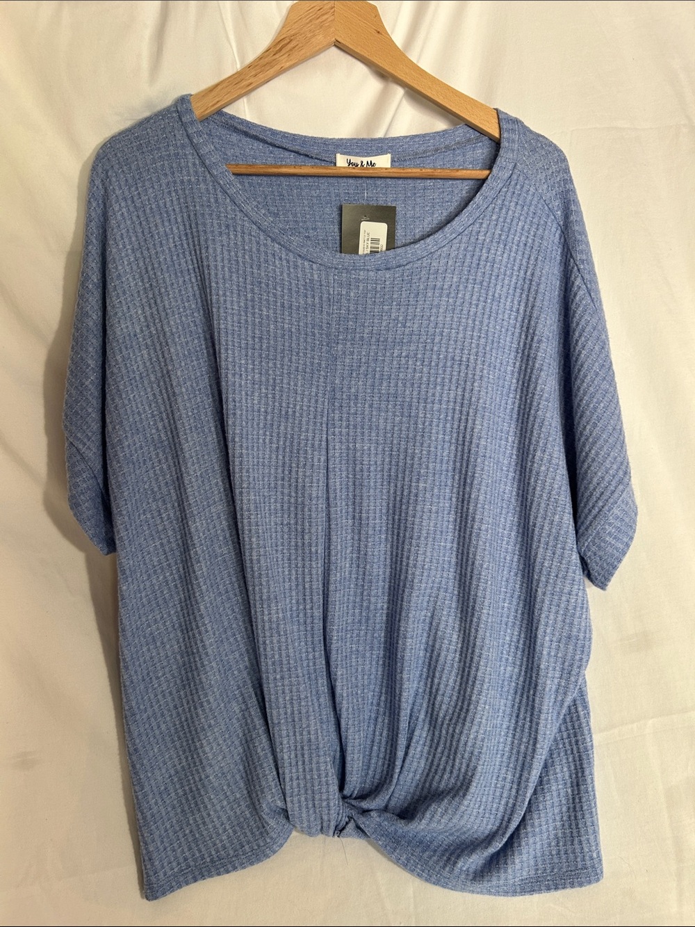 Sugar Light Blue Waffle Knit Tie-Hem Short Sleeve Top
